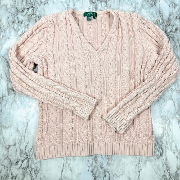 VTG Lauren Ralph Lauren Pink 100% Cotton Cable Knit Sweater Large Hong Kong - Picture 1 of 7